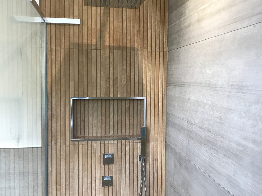Cement Grey and Wood Effect Walk-in Shower